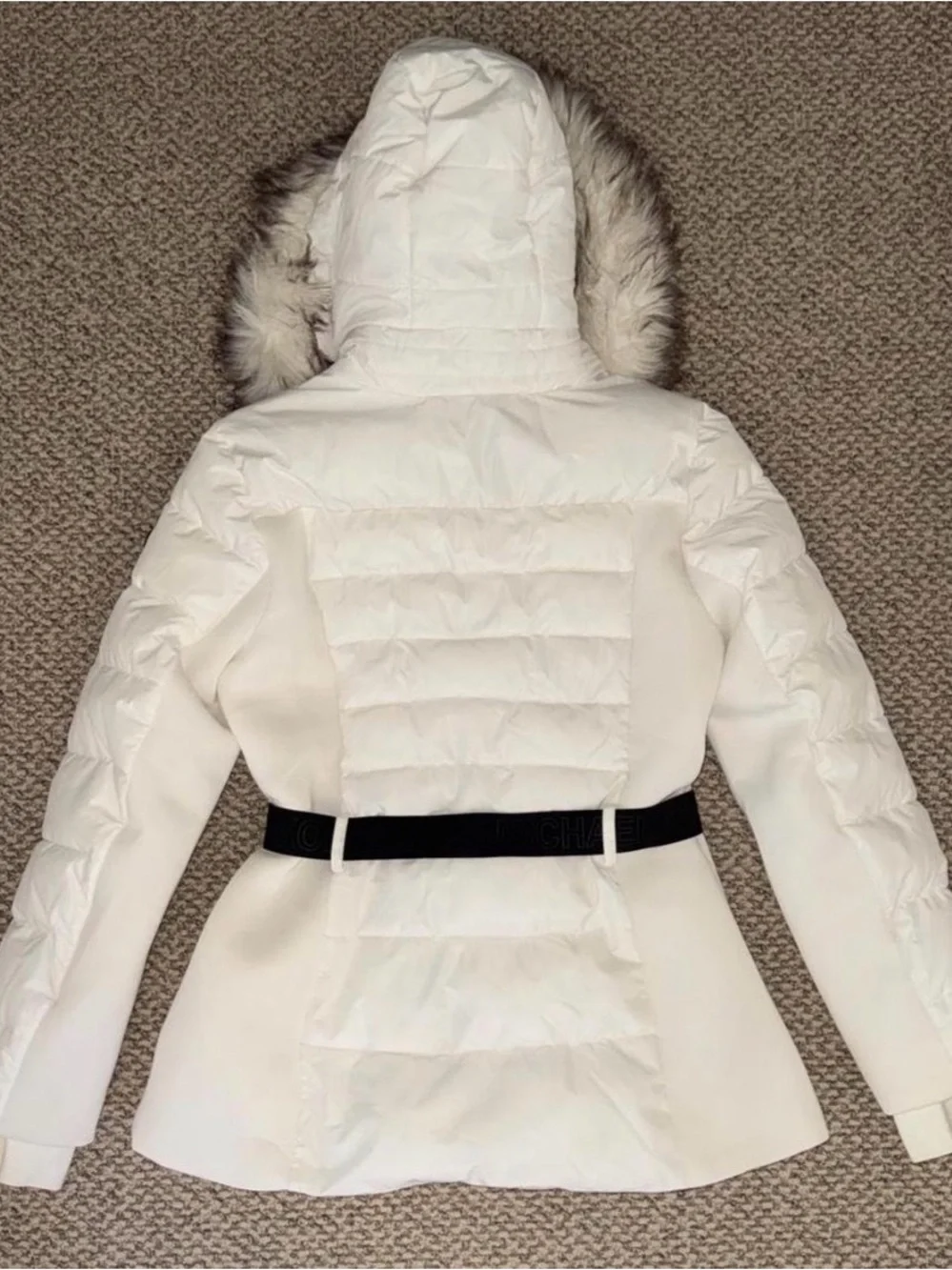 MICHAEL Michael Kors White Belted Puffer Coat Faux Fur Hood Women’s Large